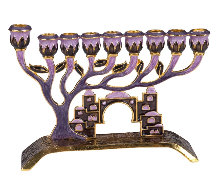 Jeruslem Enameled Menorah with Jeweled Accents Purple