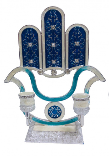 Blue Hamsa Shabbat Candle Holder Embellished with Genuine Crystals