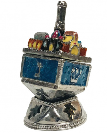 Hinged Enamel Dreidel with Stand featuring Jerusalem