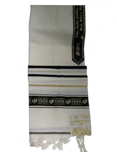 Traditional Wool Tallit with Decorative Black Ribbon