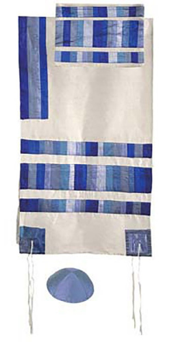 Emanuel Blue/Purple  Appliqued Raw Silk Stripes Tallit Set