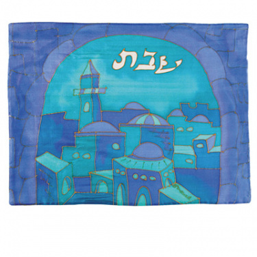 Silk Painted Challah Cover Gate Blue by Yair Emanuel