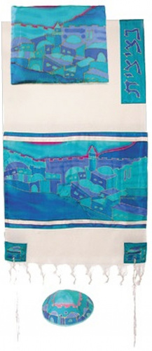 Emanuel Hand Painted Jerusalem Vista in Blue Woven Cotton and Silk Set