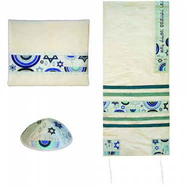 Emanuel Petite Embroidered Raw Silk - Star of David & Menorahs