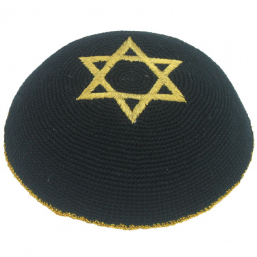 Black Knitted Yarmulke with Gold Jewish Star