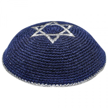 Blue Knitted Yarmulke with Silver Jewish Star