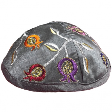 Embroidered Gray Yarmulke Multi Pomagranate