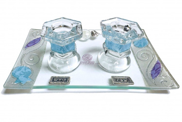 Lily Art Candlesticks - Glass & crystal with Tray Blues