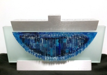 Frosted Glass Menorah with Blue Glass