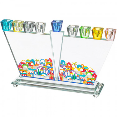 Crystal Colorful Jerusalem Menorah on Stand