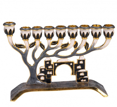 Jeruslem Enameled Menorah with Jeweled Accents - Gray