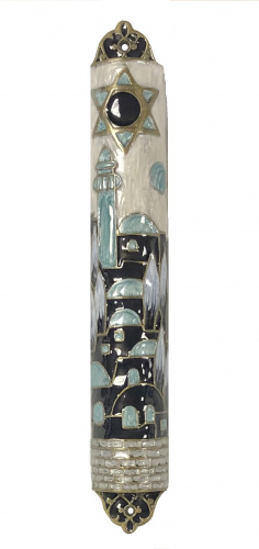 Enameled Blue Jerusalem Hills Mezuzah Large