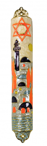 Enameled Orange Jerusalem Hills Mezuzah Large