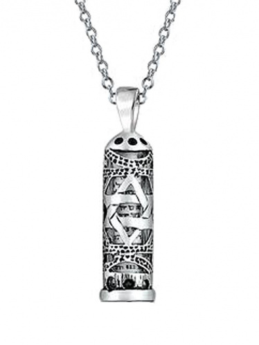 Star of David Mezuzah Pendant with Scroll and Chain, Sterling Silver