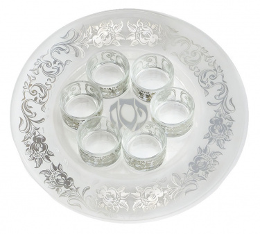 Seven Piece Glass Seder Set with Silver Floral Design