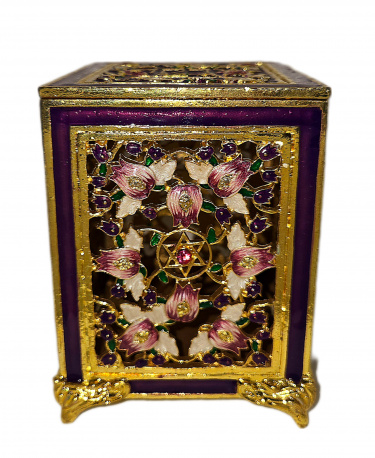 Jeweled Tzedakah Box with Flower Motif, Purple