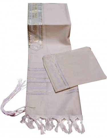 Carmel Hand Woven Tallit Set White and Gold Stripes