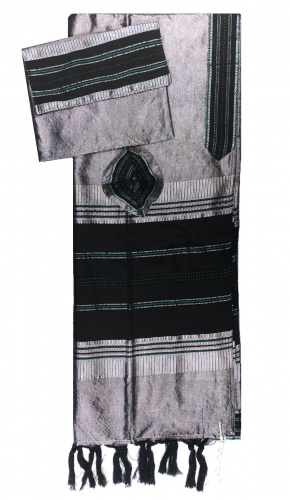 Gabrieli Tallit Silk Black and Silver with Green Accent Set