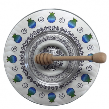 Lily Art Blue Pomagranate Reinforced Glass Apple & Honey Dish