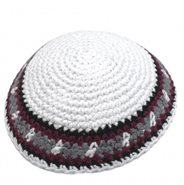 White Knit Yarmulke with Burgandy/Gray Trim
