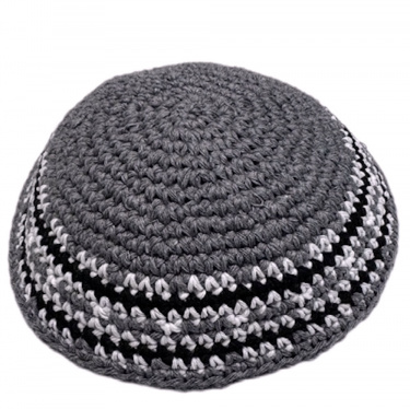 Gray Knit Yarmulke with Black/White Trim