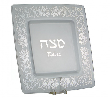 Glass Matzah Tray With Silver Floral Design