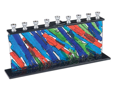 Fused Glass Menorah with Multi Colored Crushed Shards Diagonal