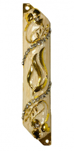 Enameled Cream and Gold Mezuzah