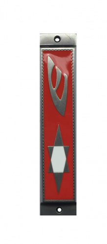 Star of David Antique Silver Finish Mezuzah Red