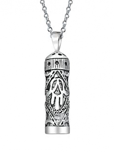 Hamsa Mezuzah Pendant with Scroll and Chain, Sterling Silver